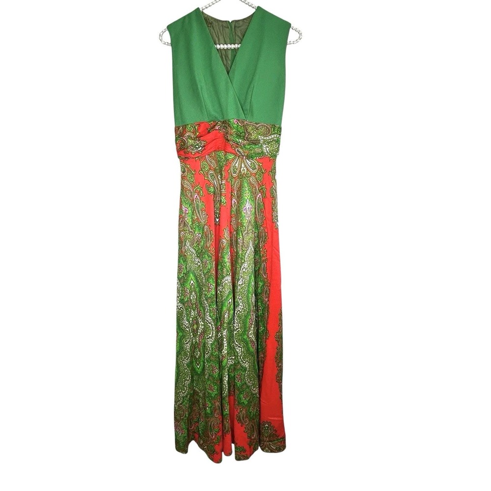 Vintage Mod Boho Babydoll Maxi Dress Sz 10‎ Red Green Holiday Paisley Party 60s